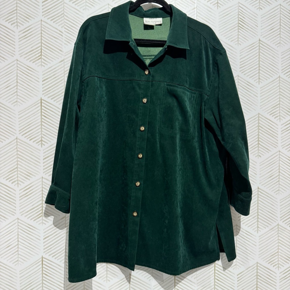 VTG Saks Fifth Avenue Salon Z Green Faux Suede Button Up Shirt Read Description